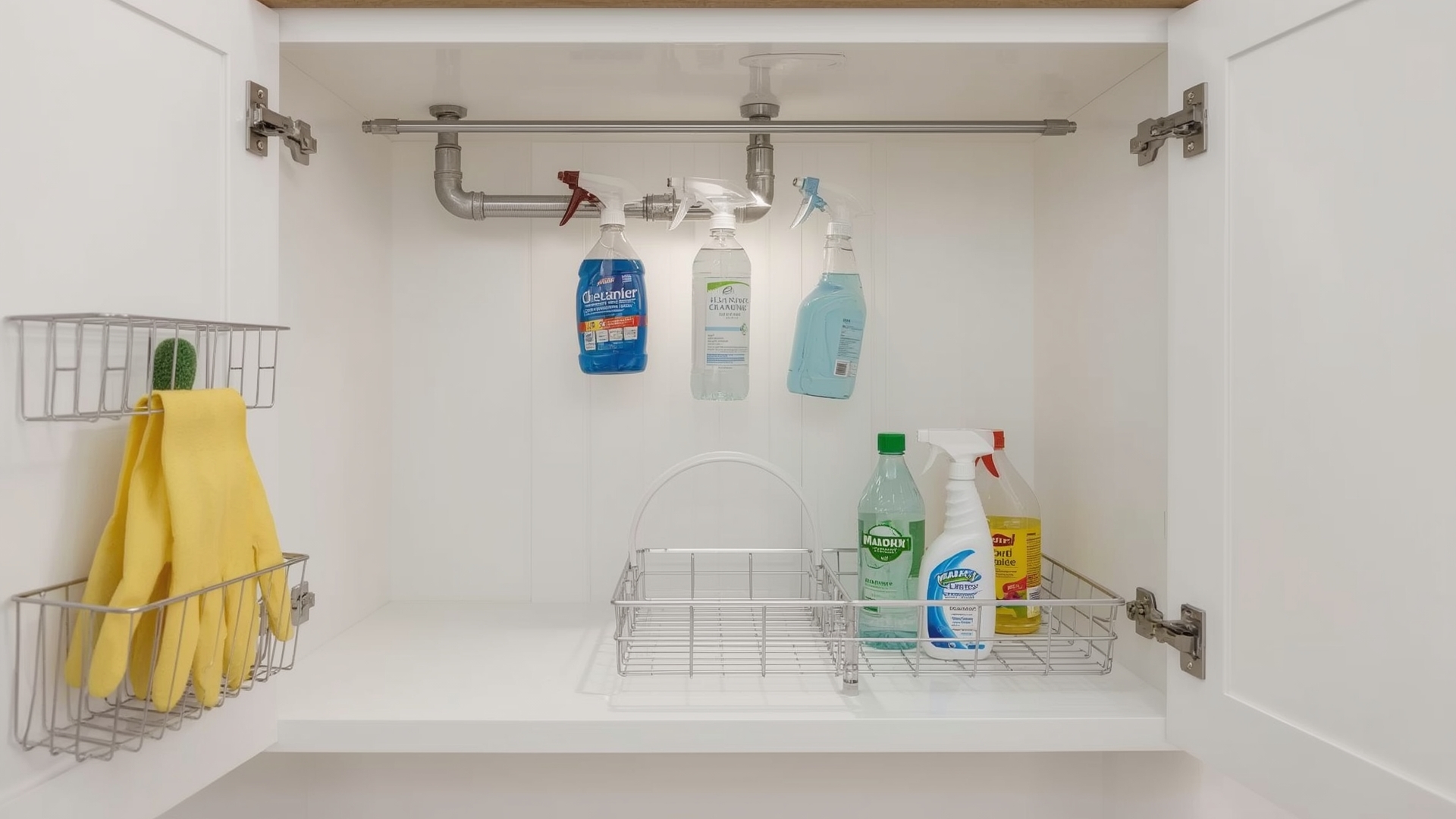 Under-sink cabinet organized with tension rod spray bottles and U-shaped shelf riser around plumbing