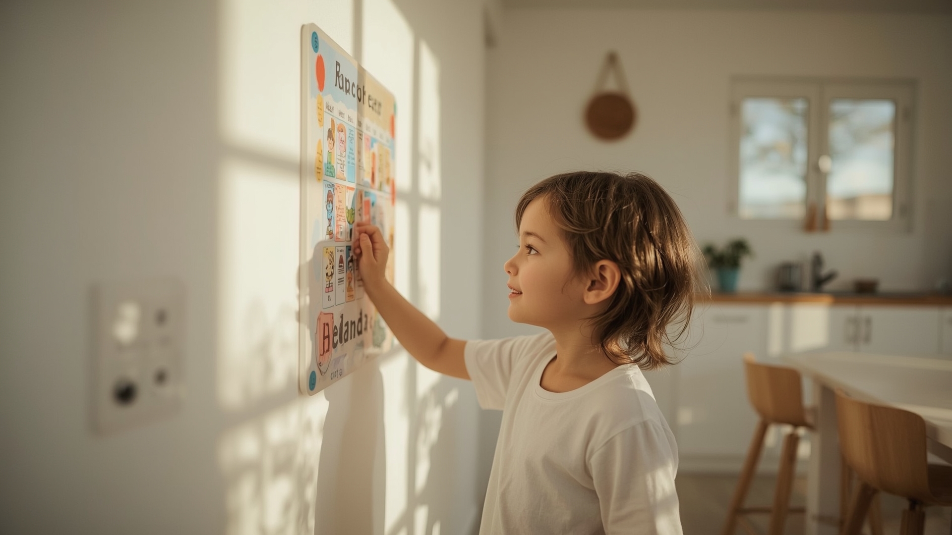 Young child independently following a colorful daily routine chart in bright family kitchen