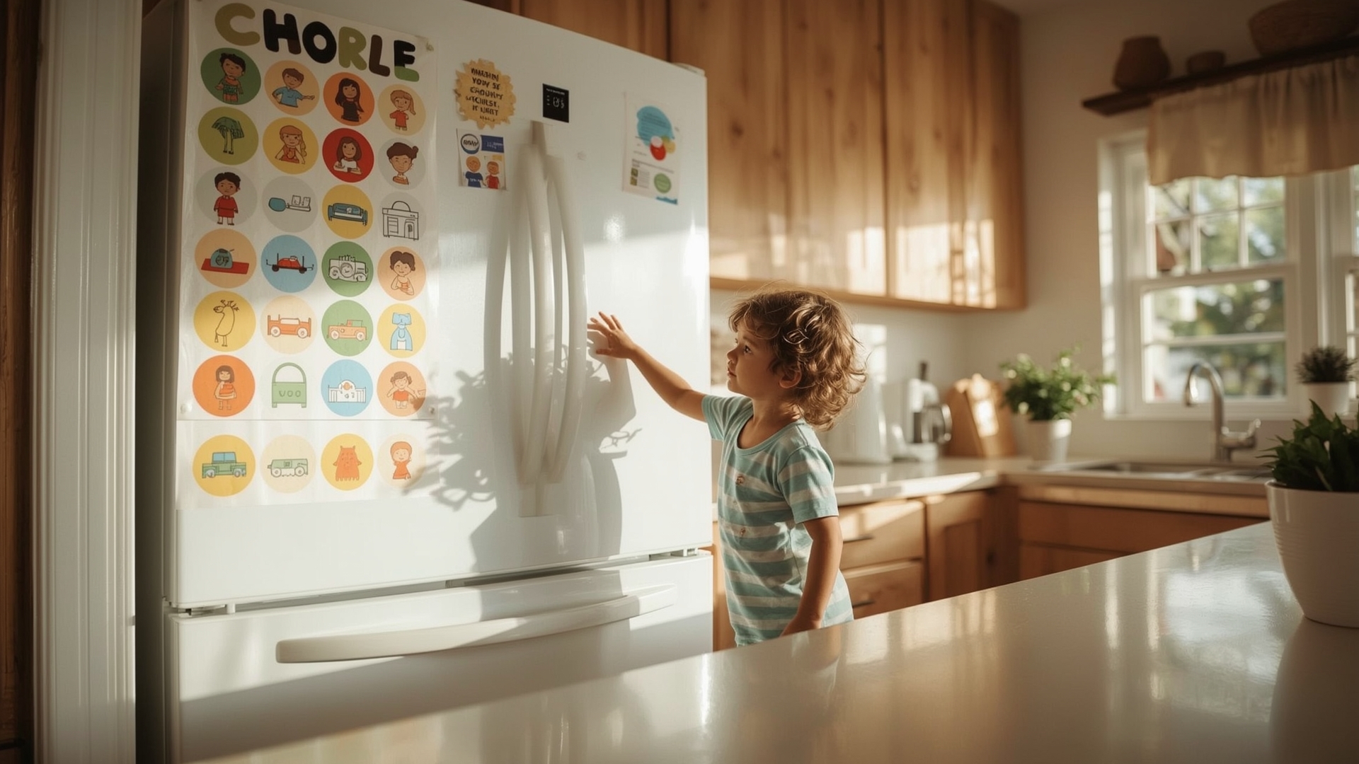 Young child pointing at colorful picture-based chore chart on family refrigerator